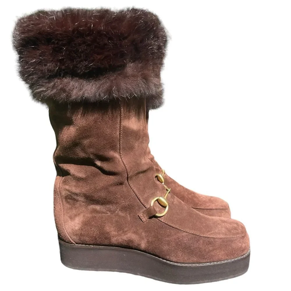 GUCCI Horsebit Gold Accent Boots Brown Suede Fur Cuff And Lined Platform Size 5